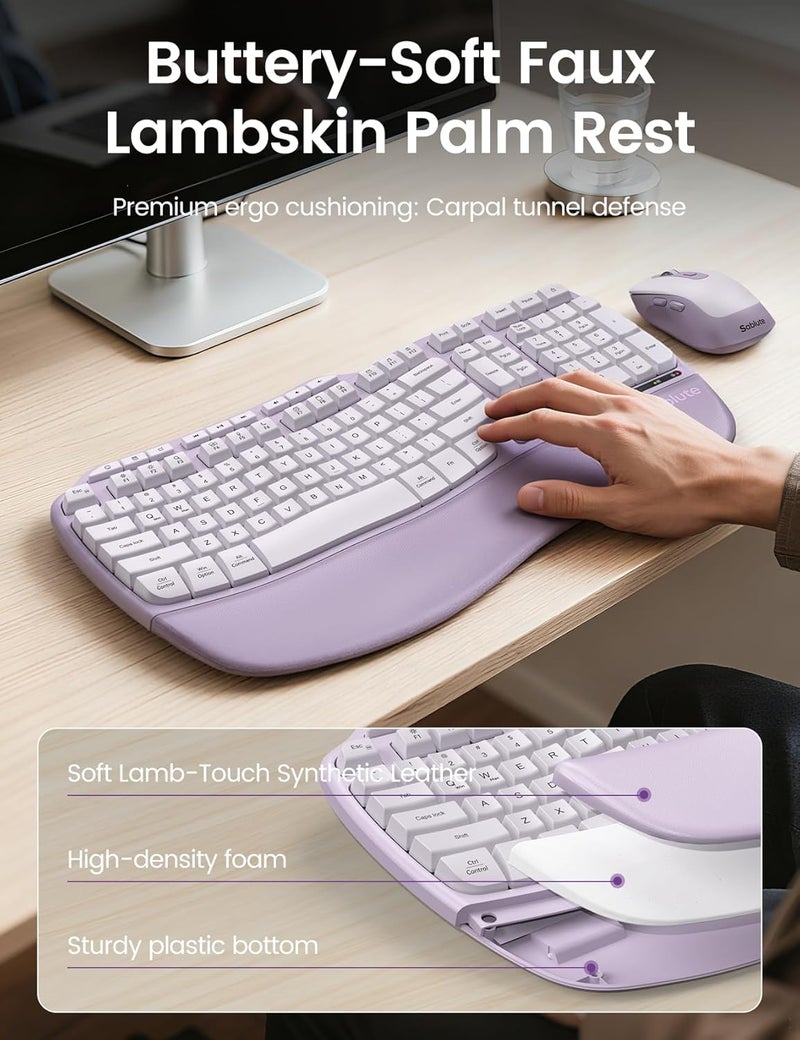 SABLUTE Purple Ergonomic Wireless Keyboard and Mouse Combo, 2.4G Full Size Ergo Wave Key Board with Cushioned Plam Rest, Natural Typing, 3 DPI Adjustable Silent Mouse for Computer/Laptop/Windows/Mac - Image 2